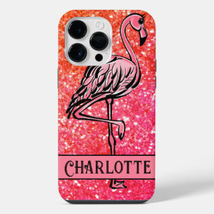 Roze glinsterende glitter Flamingo monogram    iPhone 14 Pro Max Hoesje
