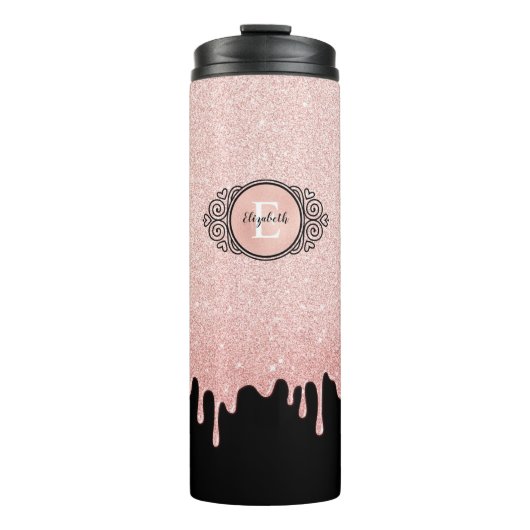 Roze glinsterende monogram naam met blozende tint thermosbeker (Voorkant)