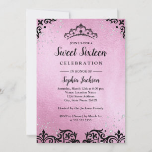 Roze glinsterende tiara damast Sweet Sixteen Kaart