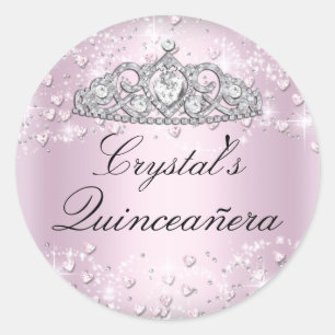 Roze glinsterende tiara & harten Quinceanera stick Ronde Sticker