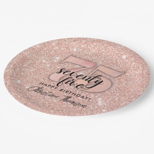 Roze Glitter'75th Birthday Paper Borden Papieren Bordje (Gekanteld)