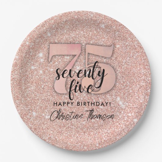 Roze Glitter'75th Birthday Paper Borden Papieren Bordje (Voorkant)