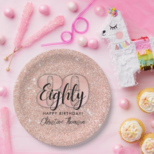 Roze Glitter'80th Birthday Paper Borden Papieren Bordje (Feest)