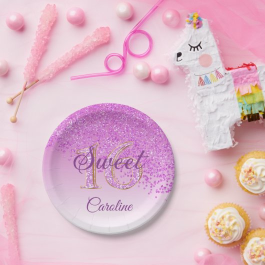 Roze glitter, 16 glitter, zoet 16 geboortedag papieren bordje (Feest)