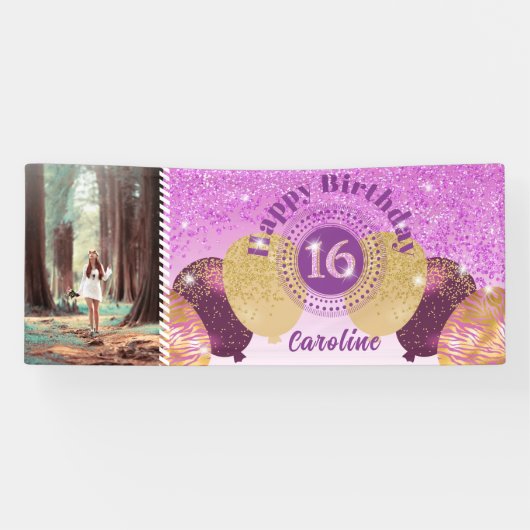 Roze glitter 16e verjaardag & ballonnen Banner (Horizontaal)