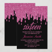 Roze Glitter 16th Birthday Party Kaart (Voorkant / Achterkant)