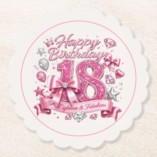 Roze Glitter 18e Verjaardag Kartonnen Onderzetters (Voorkant)