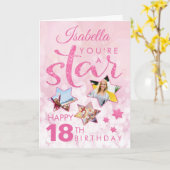 Roze glitter 18e verjaardag Star Photo Collage Kaart (Gele Bloem)