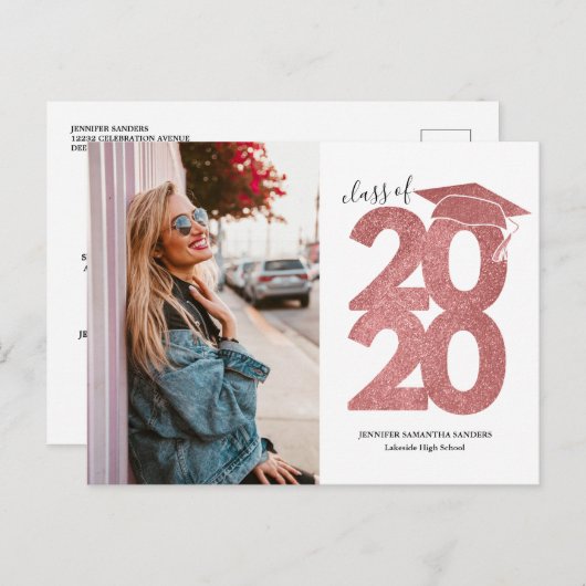 Roze Glitter 2020 Afstuderen Aankondiging Briefkaart (Voorkant / Achterkant)