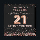 Roze Glitter 21st Birthday Save the Date Magnet<br><div class="desc">Faux roze glitter boven- en ondergrens. Alle tekst kan worden aangepast en kan eenvoudig worden gewijzigd voor uw eigen wensen. 21 ballontekst kan niet worden gewijzigd. Geweldig elegant om de sjabloon van de verjaardagsfeestdag op te slaan. Sla de datummagneten op</div>