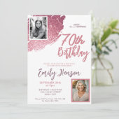 Roze Glitter 2 Foto Verrassing 70e Verjaardag Kaart (Staand voorkant)