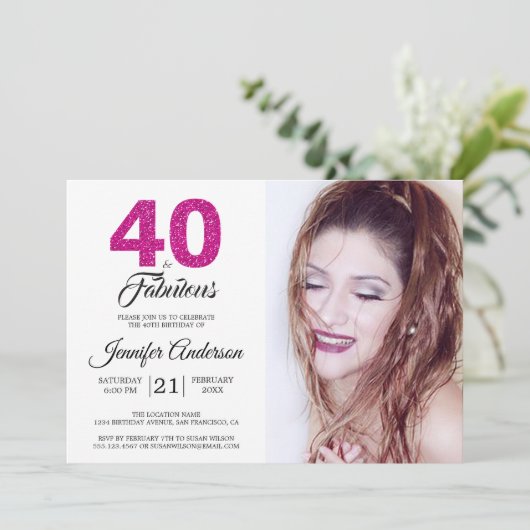 Roze glitter 40 en fantastische 40e verjaardag fot kaart (Staand voorkant)