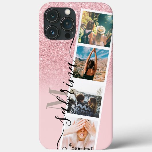 Roze glitter 4 collage foto monogram Case-Mate iPhone case (Achterkant)