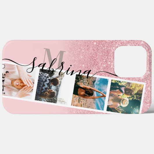 Roze glitter 4 collage foto monogram Case-Mate iPhone case (Achterkant (horizontaal))
