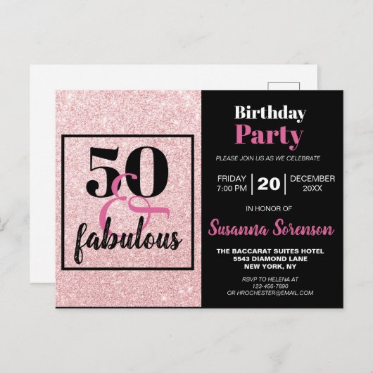 Roze Glitter 50 & Fabulous Birthday Party Invite Briefkaart (Voorkant / Achterkant)
