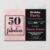 Roze Glitter 50 & Fabulous Birthday Party Invite Briefkaart (Voorkant)