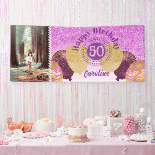 Roze glitter 50e verjaardag & ballonnen Banner