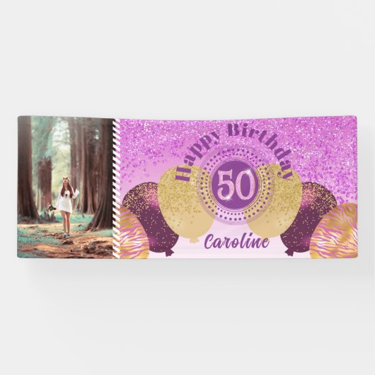 Roze glitter 50e verjaardag & ballonnen Banner (Horizontaal)