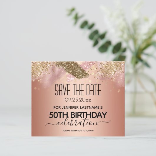 Roze Glitter 50th Birthday Save the Date Budget (Staand voorkant)