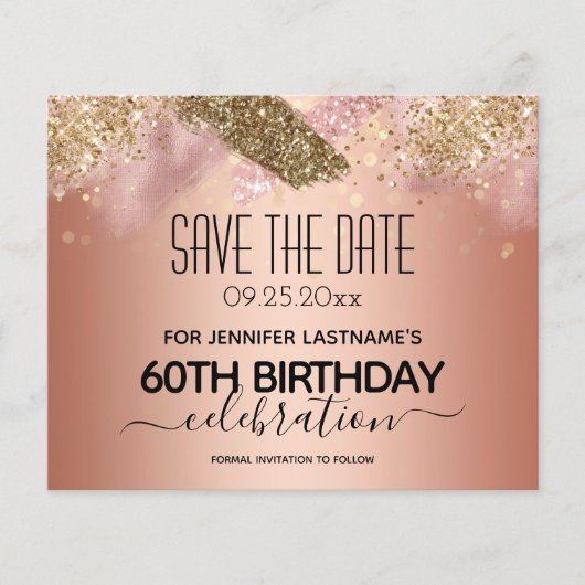 Roze Glitter 60th Birthday Save the Date Flyer (Voorkant)