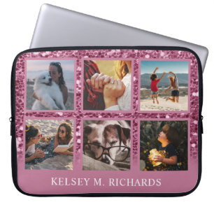 Roze Glitter 6 Foto Collage met naam Laptop Sleeve