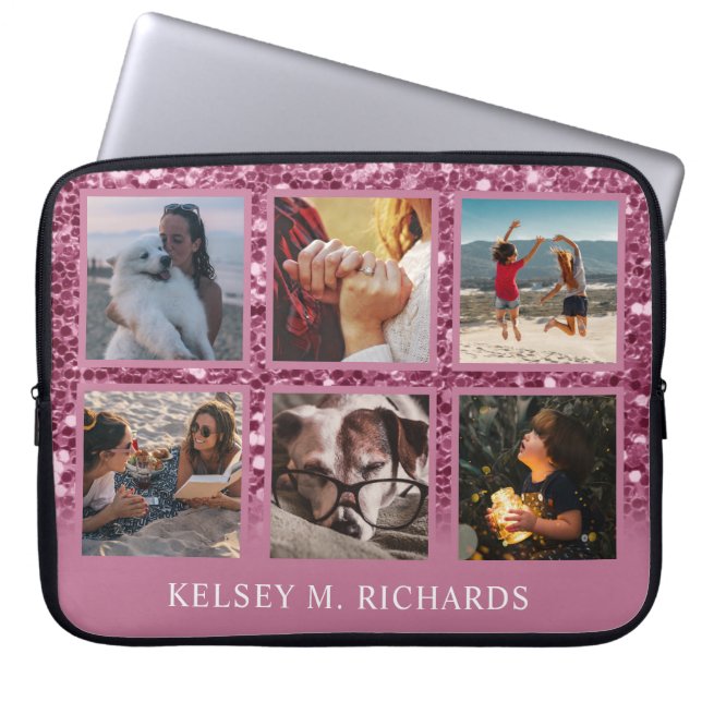 Roze Glitter 6 Foto Collage met naam Laptop Sleeve (Voorkant)