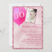 Roze Glitter Aangepaste Foto 50e Verjaardagsuitnod Kaart (Voorkant)