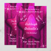 Roze Glitter-achtige Star Birthday Party Invitatio Kaart (Voorkant / Achterkant)