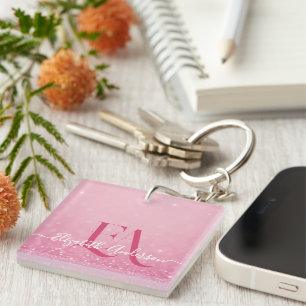 Roze Glitter Acryl Sleutelhanger met Custom Initia