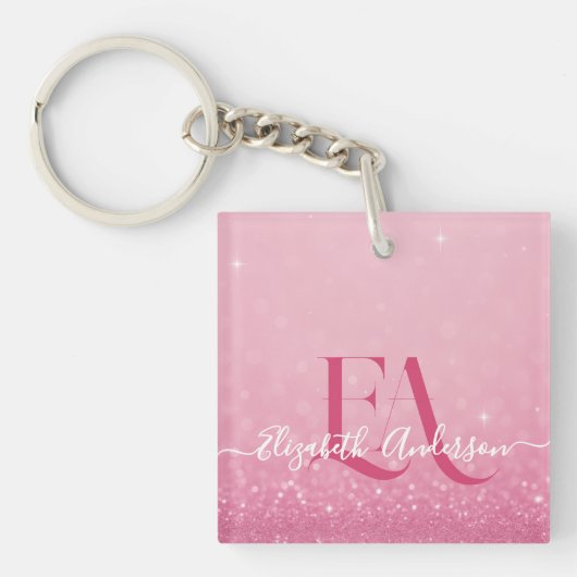 Roze Glitter Acryl Sleutelhanger met Custom Initia (voorkant)