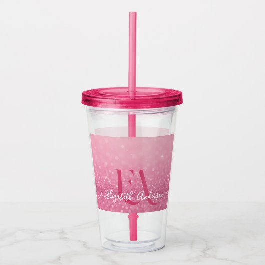 Roze Glitter Acryl Tumbler met Naam & Initialen Acryl Drinkbeker (Voorkant)