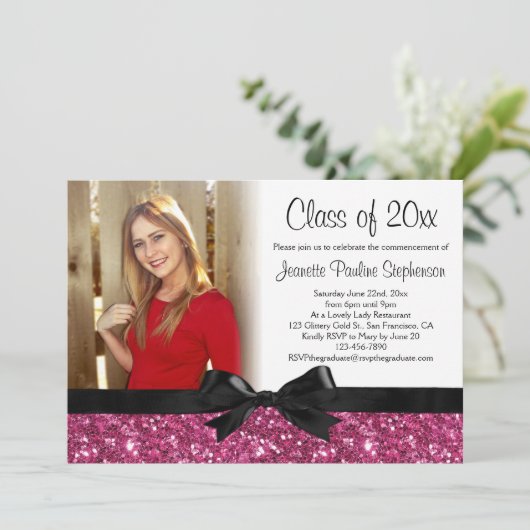 Roze Glitter Afbeelding Ribbon Bow Foto Afstuderen Kaart (Staand voorkant)