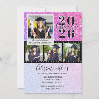 Roze Glitter Afstudeerfoto Uitnodiging