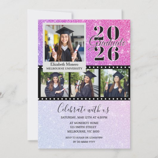 Roze Glitter Afstudeerfoto Uitnodiging (Voorkant)