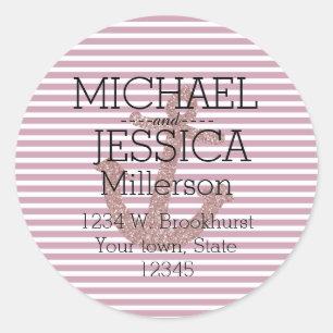 Roze Glitter Anker Strepen Gepersonaliseerd adres Ronde Sticker