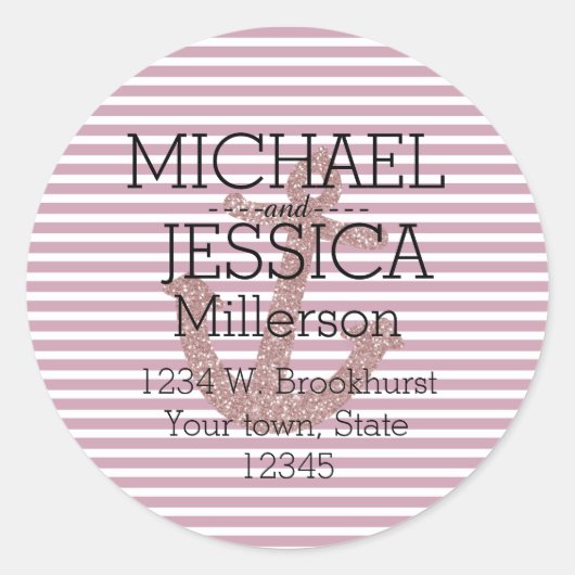 Roze Glitter Anker Strepen Gepersonaliseerd adres Ronde Sticker (Voorkant)