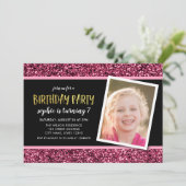 Roze Glitter Any Age Foto Verjaardag uitnodiging (Staand voorkant)