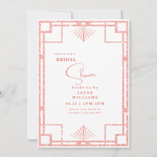 Roze Glitter Art Deco Bruidsdouche Kaart (Voorkant)