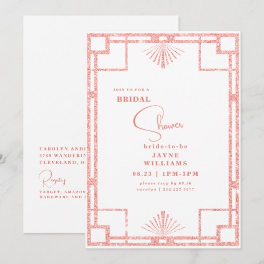 Roze Glitter Art Deco Bruiloftsfeest Kaart (Voorkant / Achterkant)
