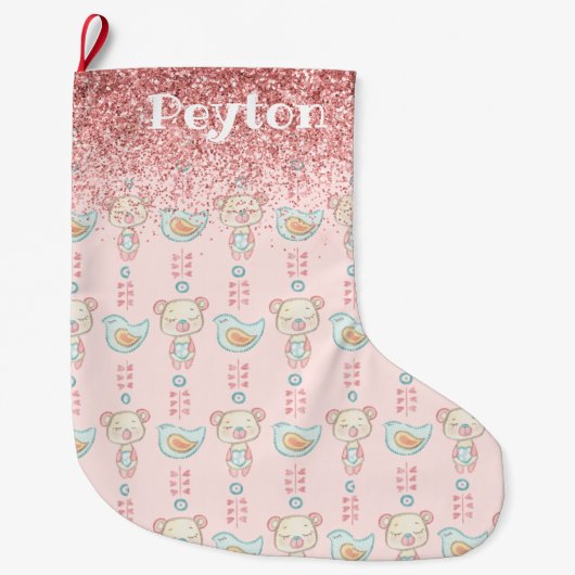 Roze Glitter Baby Girl Name Sparkles Modern Grote Kerstsok (Voorkant)