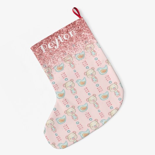 Roze Glitter Baby Girl Name Sparkles Modern Grote Kerstsok (Achterkant (Hangend))