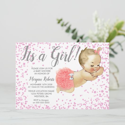 Roze glitter Baby is een meisje dat Baby shower ui Kaart (Staand voorkant)