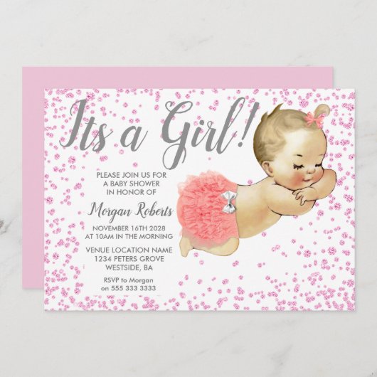 Roze glitter Baby is een meisje dat Baby shower ui Kaart (Voorkant / Achterkant)