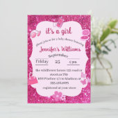 Roze Glitter baby meisje douche Kaart (Staand voorkant)