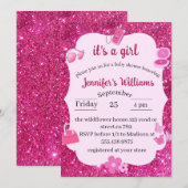 Roze Glitter baby meisje douche Kaart (Voorkant / Achterkant)