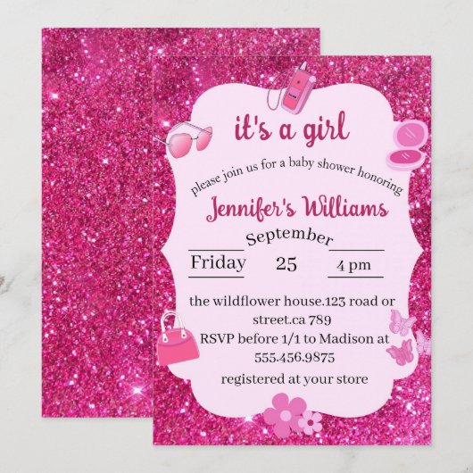 Roze Glitter baby meisje douche Kaart (Voorkant / Achterkant)