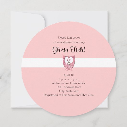 Roze Glitter Baby Owl Round Shower-uitnodiging Kaart (Achterkant)