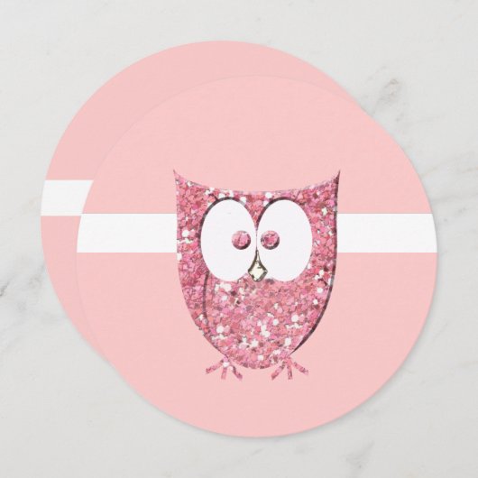 Roze Glitter Baby Owl Round Shower-uitnodiging Kaart (Voorkant / Achterkant)