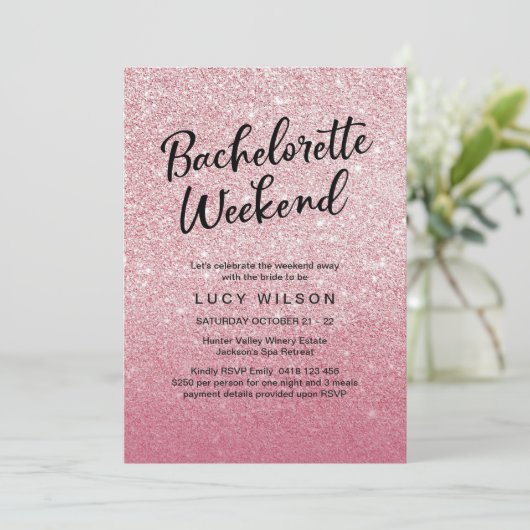 Roze Glitter Bachelorette Weekend Uitnodiging (Staand voorkant)