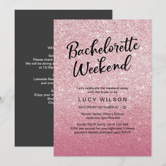 Roze Glitter Bachelorette Weekend Uitnodiging (Voorkant / Achterkant)